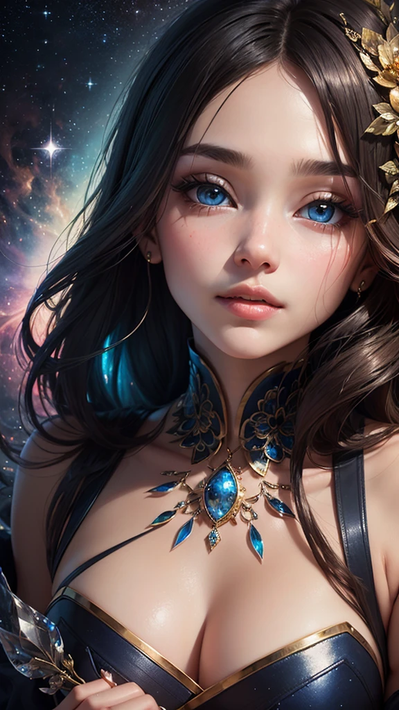(masterpiece、Highest quality、beautiful:1.2)、(超beautifulスプラッシュアート:1.6)、1 Girl、 (Sapphire blue round eyes、Enchanting eyelashes)、Gathering sparkle in your round eyes、Glossy lip、Fair face、The gaze is fixed on the galaxy、Transparent, shiny skin、Fair Hand、colorful、Agnes Cecil Style、Mysterious and enchanting atmosphere、Ingredients to mix、Intertwined material、Best Abstract Art、Surreal、A chaos of overlapping bright and transparent prism colors、Fine star scattering、Galactic background with thick and choppy strokes