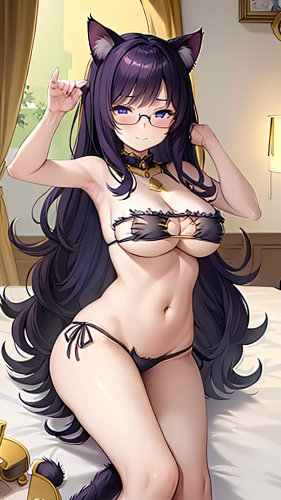 (Masterpiece), (best quality), Cat girl, 20 years old, long hair, dark purple hair, chest, blue eyes, cat ears and cat tail, black bikini cat outfit, round glasses, lying on a bed.