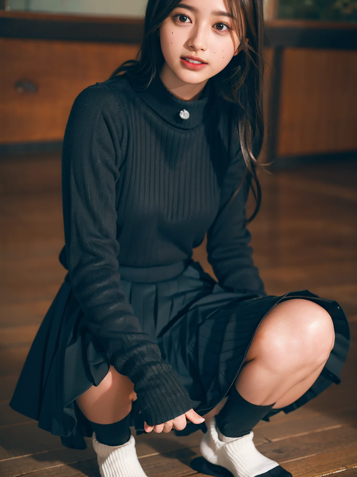 ((highest quality、8k、masterpiece:1.3)),((((fullbody shot)))),Ultra-high resolution,big eyes,Japanese,bangs,(a girl),(1 girl),((20 years old)),((facing at viewer)),(long hair),(((black sweater))),grin,((squatting)),(pleated mini skirt),(((pussy))),(open legs),((skirt lift)),(((black short crew socks)))