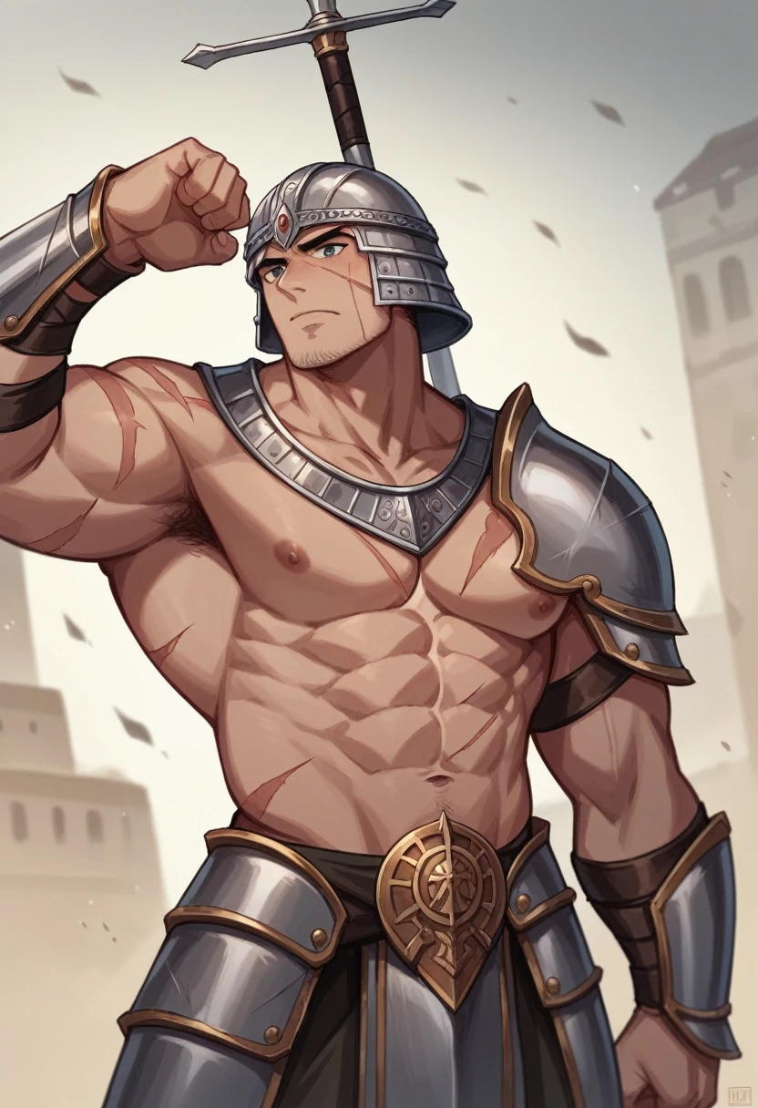 A white male muscular armored Gladiator in the dusty filled arena of ancient Rome . He has a special Celtic armor on. He is wearing no helmet. He has battle scars. He is holding a broadsword.He is victorious over many. He is facing straight ahead. There are body’s of other vanquished gladiators laying lifeless on the ground around him.