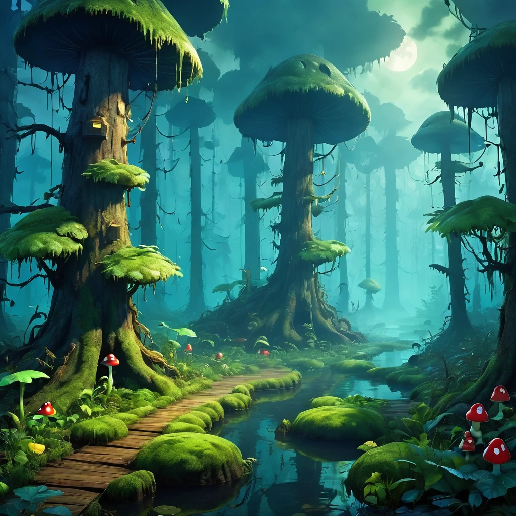 Imagine a Mario Bros style platform game environment but with a haunting dead swamp forest environment, environmental artist, Foggy environment, A mysterious landscape, Spooky forest, war-torn environment, Slime Mold Forest Environment, Bewitched forest, mysterious forest, Spooky forest, deep environment, swamps, premonitory background, fantasy forest environment, Foggy environment, moody atmosphere, game environment, environmental art