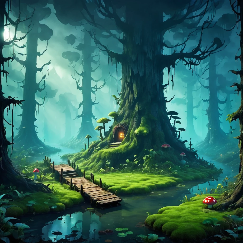 Imagine a Mario Bros style platform game environment but with a haunting dead swamp forest environment, environmental artist, Foggy environment, A mysterious landscape, Spooky forest, war-torn environment, Slime Mold Forest Environment, Bewitched forest, mysterious forest, Spooky forest, deep environment, swamps, premonitory background, fantasy forest environment, Foggy environment, moody atmosphere, game environment, environmental art