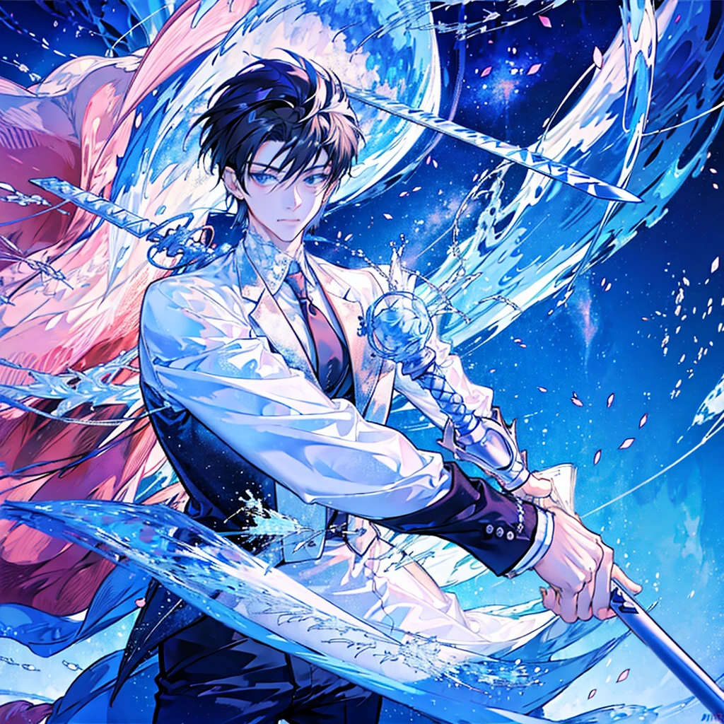 masterpiece , best quality , man , suit , White , ice , sword , anime , sky , glass , cool , king,