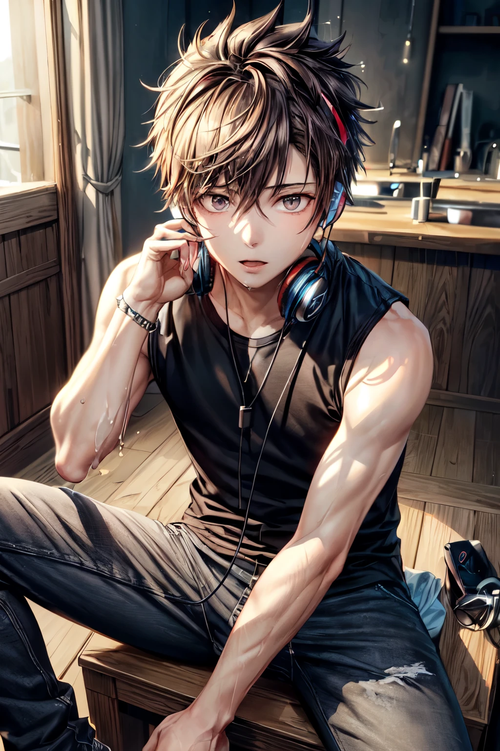 best quality,masterpiece,original,extremely detailed wallpaper,looking at viewer,1boy,独奏,adult,male focus,spiked hair,brown hair,headphones,black pants,they_mask,sleeveless_shirt, Semen dripping on clothes
