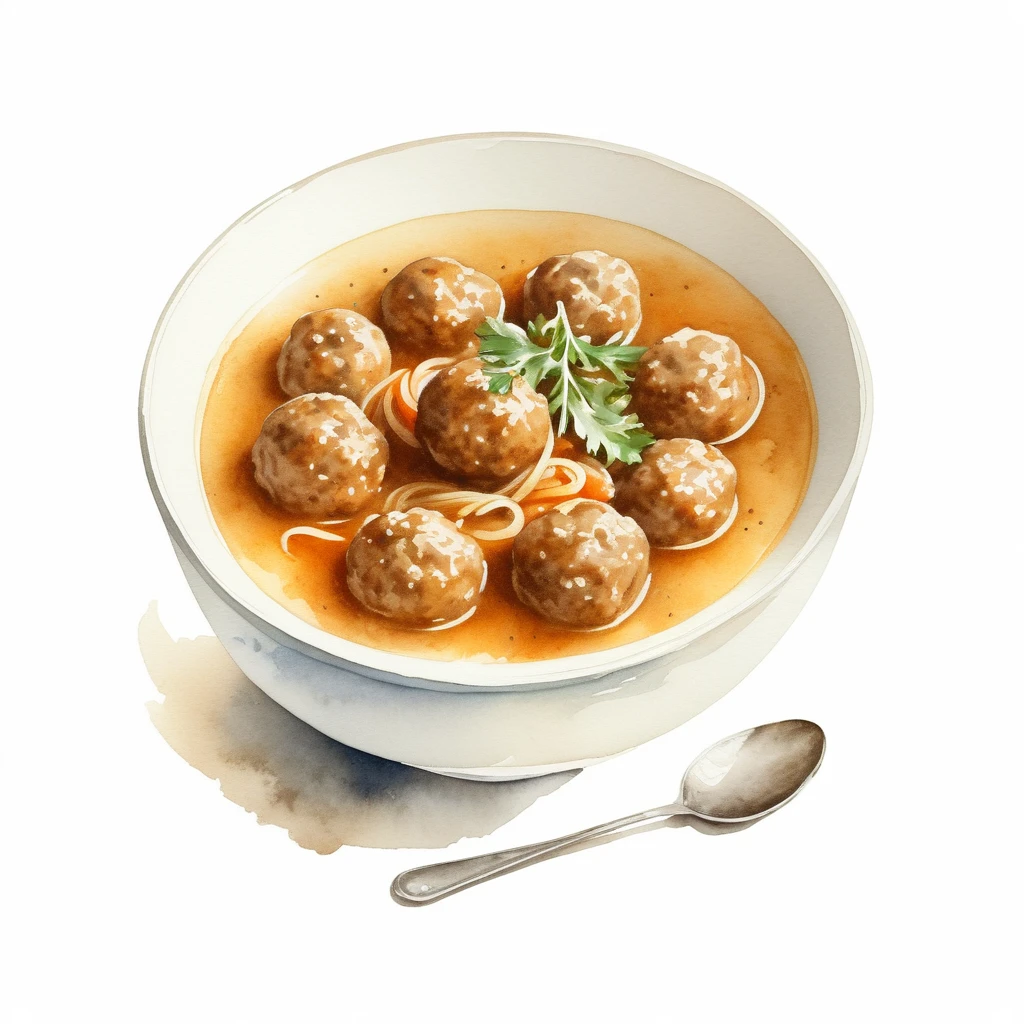 A vintage painting,Drawing of a bowl of meatball soup((watercolor)), Pure white background, Central Composition, Negative space around objects, faded colors, A meticulous masterpiece, Loose Drawing, Clip Art, Vector Art, illustration
