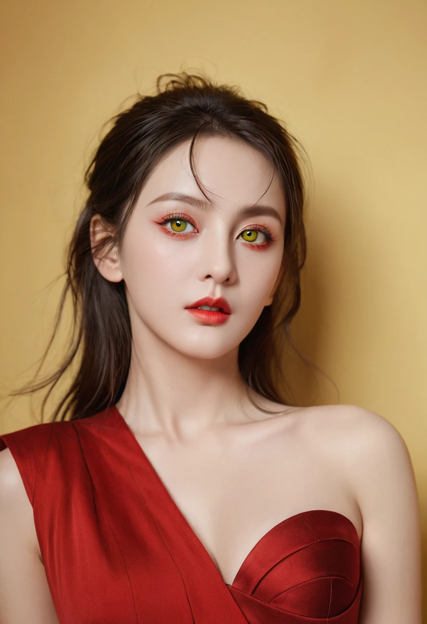 masterpiece, high resolution, best quality, Very detailed, wallpaper, Sexual, Brushstrokes, Pointed ears, Yellow eyes, Slit pupil, Beautiful female breasts, Red Dress