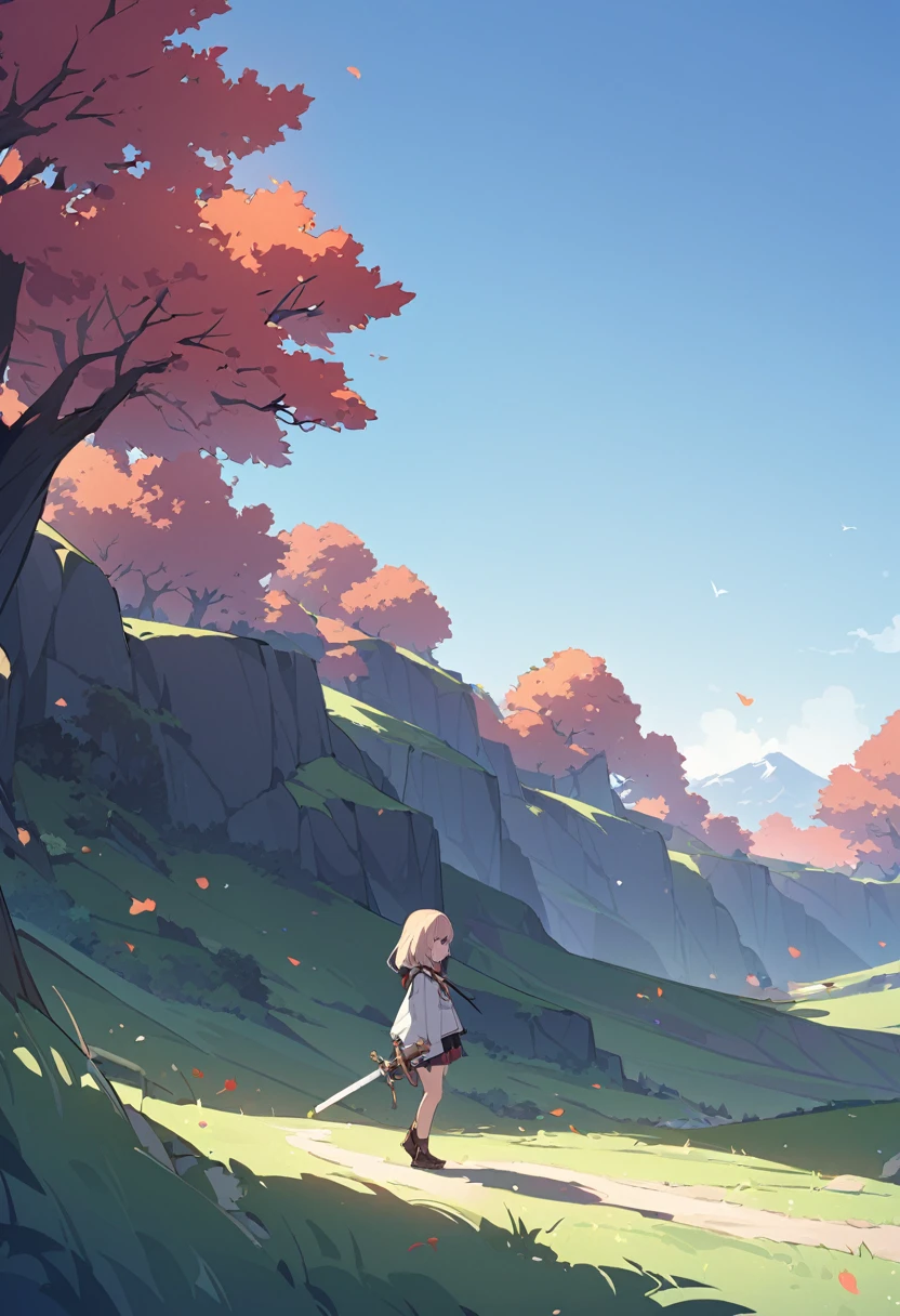 One person、one-shot、One personの女の子ミニキャラ、、Brave、Small Sword、Landscape、Walk sideways、Braveの服装、Simple clothing