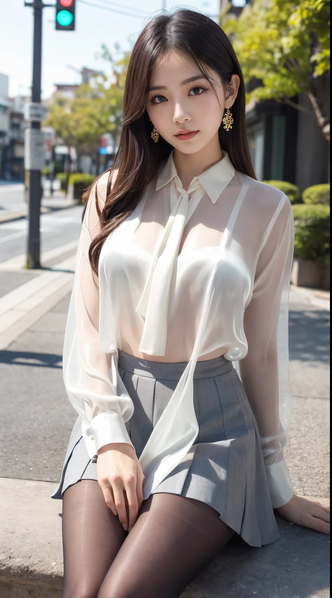 ulzzang-6500-v1.1,(RAW Photos:1.2), (Photorealistic), (See-through:1.3), (Genuine:1.4), 美しい公園の芝生に財布とハンドバッグを持ってSitting上流階級の女性, Sitting, game_Hmph, wear an ultra-thin silk blouse over naked、wear ((See-through silk blouse:1.3)), Incredible beauty、 Knee socks and skirt, (Ultra-realistic pantyhose:1.3)、Elegant Japan Woman, Ultra-thin white shirt and gray skirt, Transparent grey skirt, Japanese Model, wear a blouse, Street fashion in Japanese cities, Japanese Street Fashion, Wearing long, loose clothing, Dressed in fluent clothes, Very cute model, wear a white blouse, Cute and elegant pose、Laughter、　　RAW Photos, (In 8K、Highest quality、masterpiece:1.2)、(Intricate details:1.4)、(Photorealistic:1.4)、Octane Rendering、Complex 3D rendering with ultra-detail, Studio Soft Light, Rim Light, Vivid details, Super Detail, Realistic skin texture, Detailed aspect, Beautiful details in the eyes, Highly detailed CG Unity 16k wallpaper, compensate, (Detailed Background:1.2),　Genuineistic skin feeling、Glowing Skin、Exposed thighs!!!、