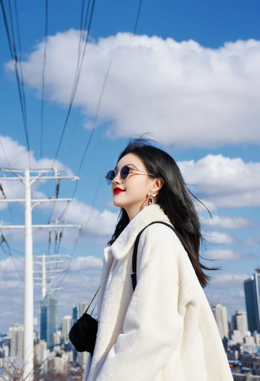 same,, 1 Girl, animal, animal on shoulder, bird, Black-rimmed glasses, black eyes, Black Hair, blue sky空, city View, clear sky空, coat, sky, earrings, Glasses hanging, Took off the glasses, fur coat, jacket, Jewelry, Long hair, looking off to the side, outdoor, Power lines, Red lips, sky空, Smile, snow, Solitary, sunglasses, white bird, white coat, 冬sky, 冬sky clothes, , ((masterpiece))