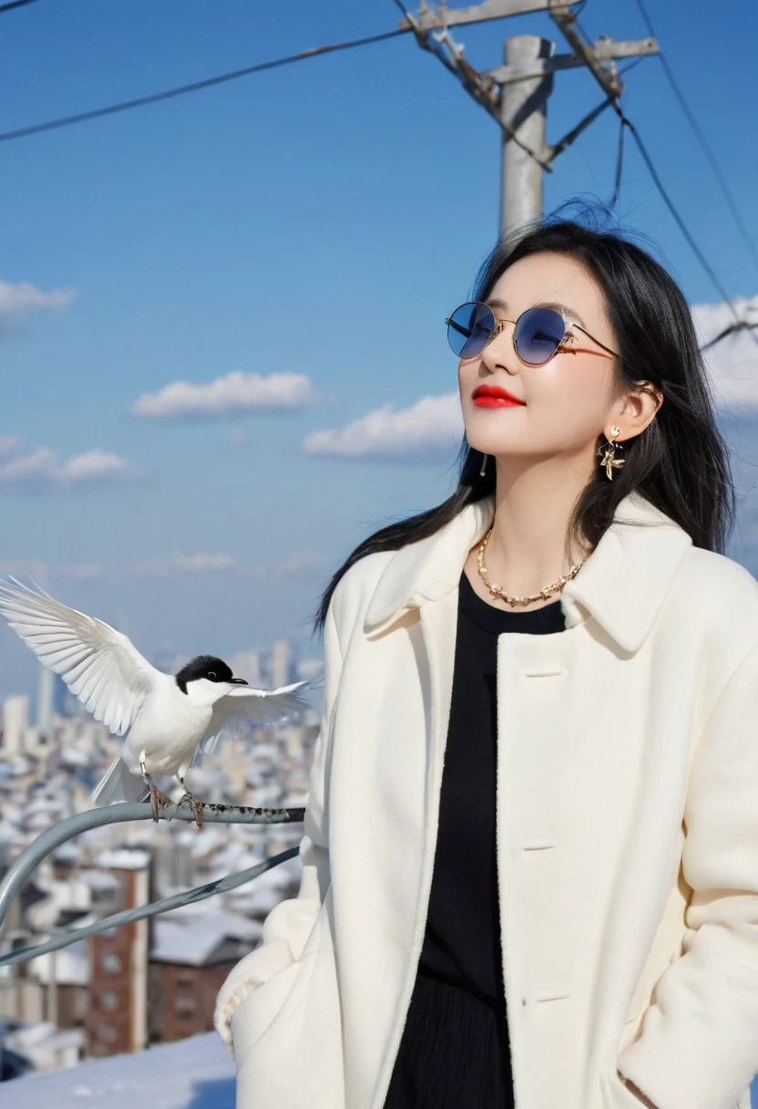 same,, 1 Girl, animal, animal on shoulder, bird, Black-rimmed glasses, black eyes, Black Hair, blue sky空, city View, clear sky空, coat, sky, earrings, Glasses hanging, Took off the glasses, fur coat, jacket, Jewelry, Long hair, looking off to the side, outdoor, Power lines, Red lips, sky空, Smile, snow, Solitary, sunglasses, white bird, white coat, 冬sky, 冬sky clothes, , ((masterpiece))