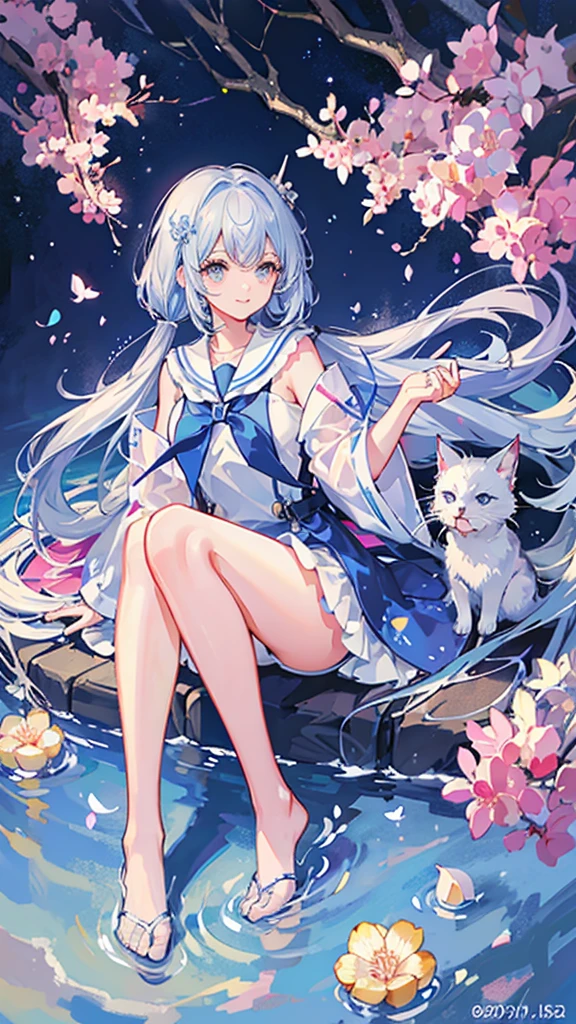 Crystal clear light blue hair、Her hair is gradated and white from the hairline to the middle.、Hair length is up to the knees、A shiny, light blue sailor suit、The hair ornament is glittering gold.、Silver hair ornament、背景はCherry blossom petals are waiting、Cherry blossom petals are waiting、dog、Cat、She has big breasts、Adult face、Playing with animals
