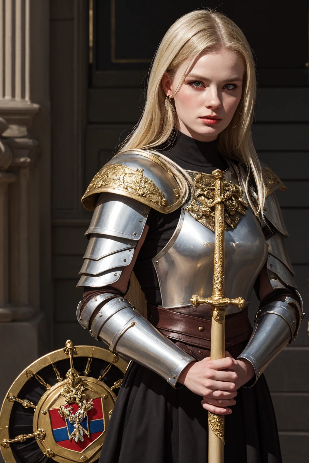 painting of a woman in armor with a sword and shield, ledmund leighton, by Marie Krøyer, portrait of female paladin, by Peder Severin Krøyer, she is holding a sword, joan of arc, female paladin, portrait of a woman warrior, daniel, isolde, inspired by Júlíana Sveinsdóttir