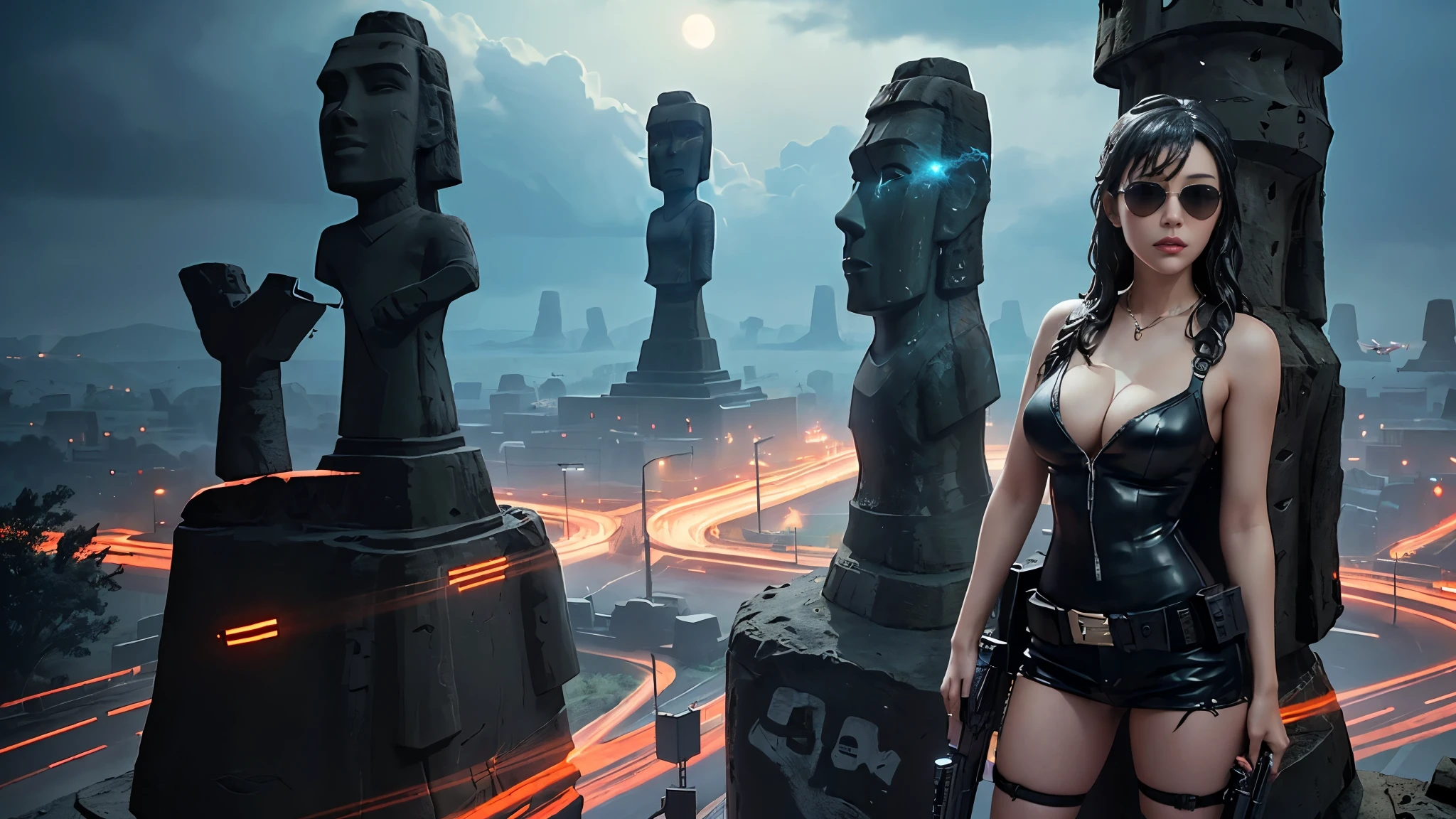 At night, dark sky, aerial view of fantasy cyberpunk style ((Moai-statue)) city, ((flying vehicle)). ((1girl, solo, alone)), photo realistic, medium-breast:1.1 slim body, cleavage, sexy clothes, (black sunglasses), (((hip-up standing and pistol aiming pose))), half-body thigh level medium shot, cinematic lighting.