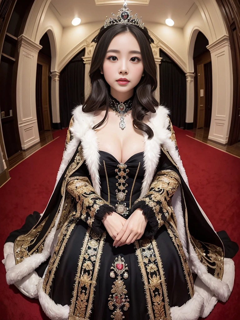 A majestic queen in a gorgeous dress。Fur Cape。A room in a Gothic palace。Watching the audience、((Fisheye Lens))