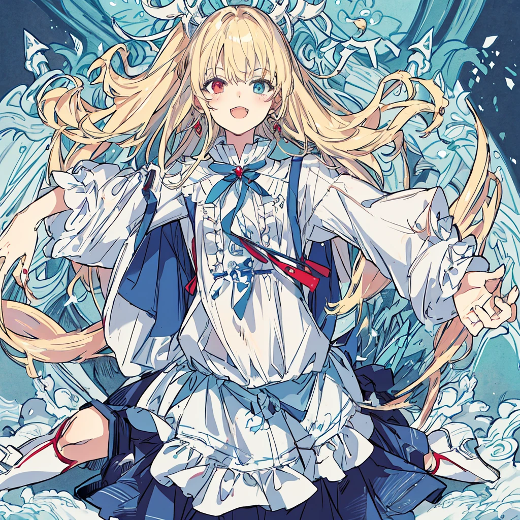 short cute male, very pale skin, beautiful eyes, perfect hands, heterochromia, one eye is red one eye is pink, long legs, narrow waist, perspective, short chin-length blonde hair with dyed pink tips, perfect hands, crossed bangs, vivid colors, best quality, high quality, short messy wavy hair, casual wear, overalls, loose sleeves, pale blue jean shorts, striped knee high socks, earring on left ear, fangs, :3, smug, CG image, splash art, high detail