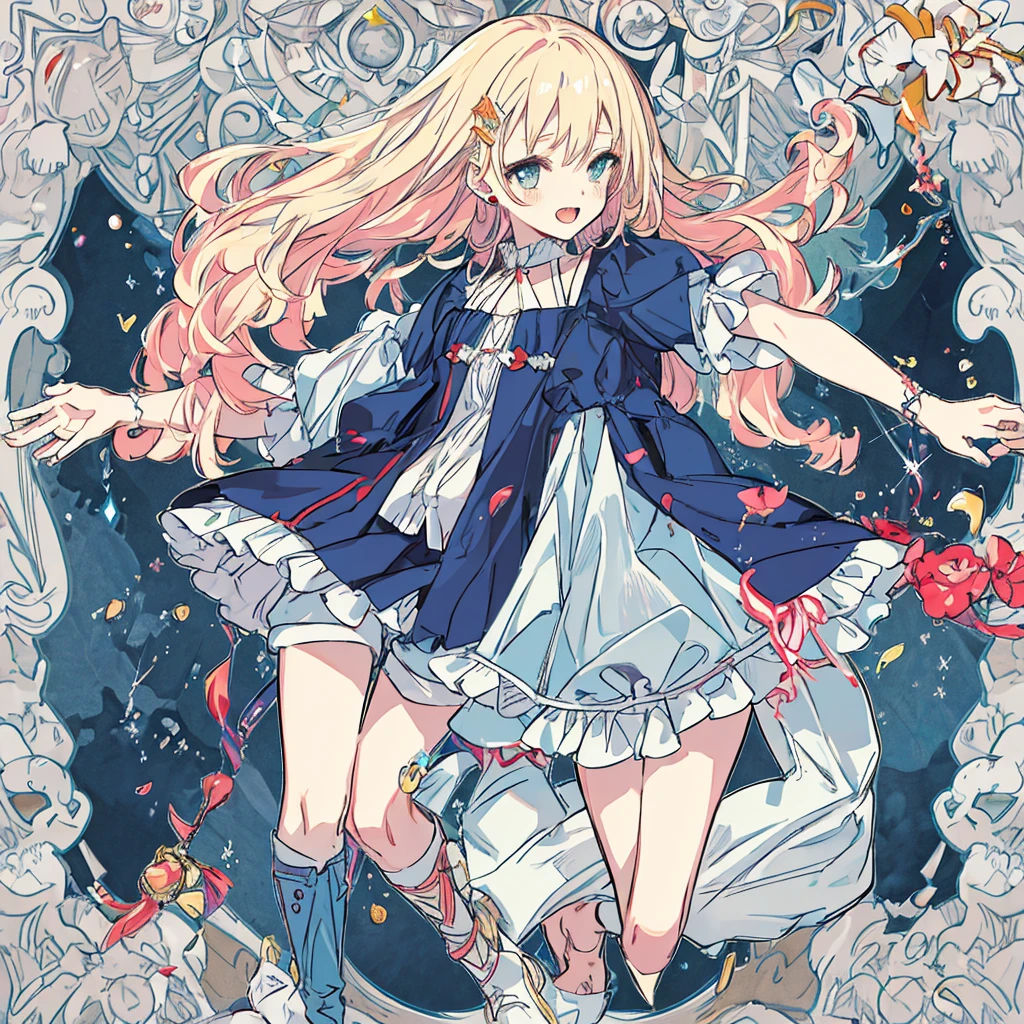 short cute male, very pale skin, beautiful eyes, perfect hands, heterochromia, one eye is red one eye is pink, long legs, narrow waist, perspective, short chin-length blonde hair with dyed pink tips, perfect hands, crossed bangs, vivid colors, best quality, high quality, short messy wavy hair, casual wear, overalls, loose sleeves, pale blue jean shorts, striped knee high socks, earring on left ear, fangs, :3, smug, CG image, splash art, high detail