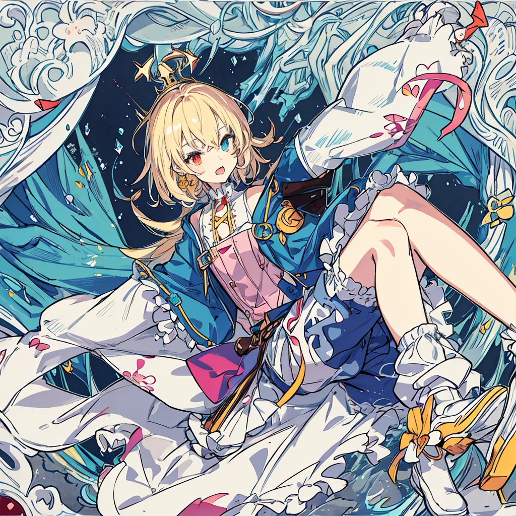 short cute male, very pale skin, beautiful eyes, perfect hands, heterochromia, one eye is red one eye is pink, long legs, narrow waist, perspective, short chin-length blonde hair with dyed pink tips, perfect hands, crossed bangs, vivid colors, best quality, high quality, short messy wavy hair, casual wear, overalls, loose sleeves, pale blue jean shorts, striped knee high socks, earring on left ear, fangs, :3, smug, CG image, splash art, high detail
