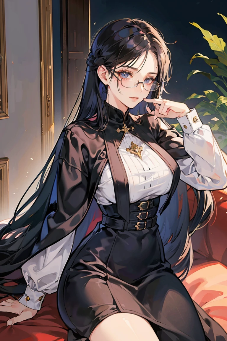anime - (masterpiece), best quality, seductive eyes, mature face, black eyes, mid length dark hair, soft-girl outfit, glasses, tall woman, long legs, adult-like female, 1girl, big breast, smug face