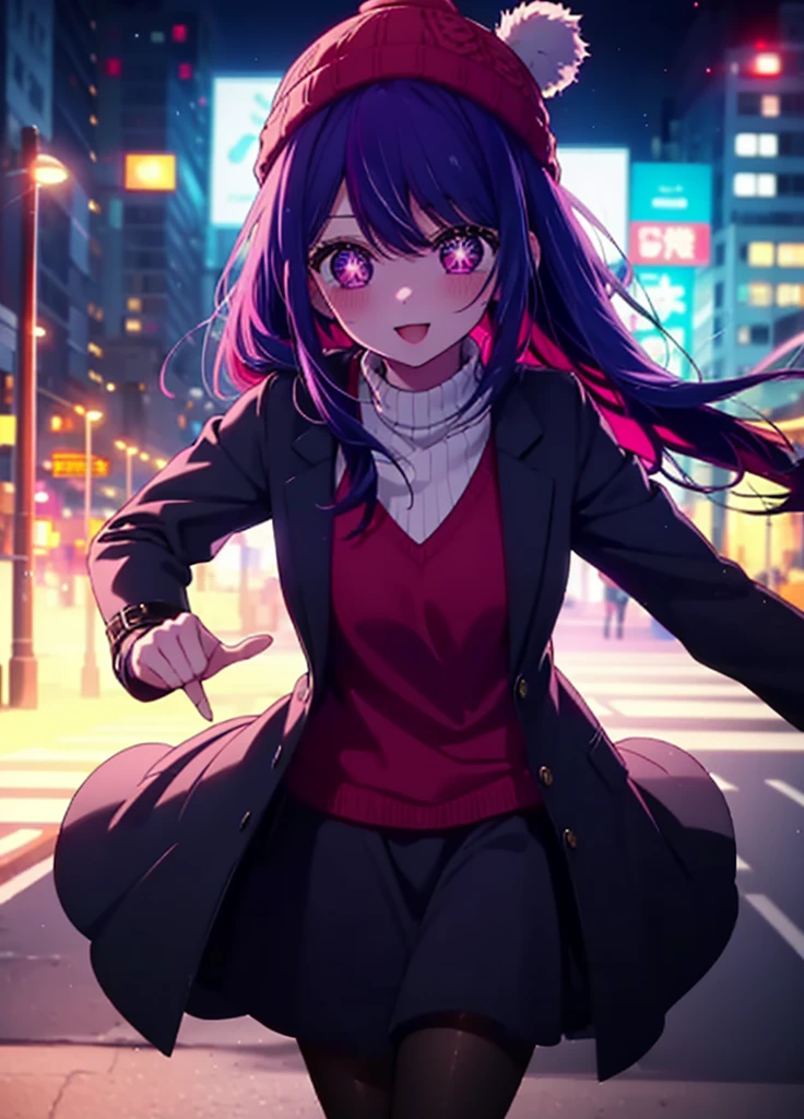 aihoshino, Ai Hoshino, Long Hair, bangs, (Purple eyes:1.1), Purple Hair, (Symbol-shaped pupil:1.5), smile,smile,blush,Open your mouth,Knitted hat,Black-rimmed glasses,Purple long coat,V-neck sweater,Long skirt,Black pantyhose,short boots,Red muffler,It's snowing,Snow is falling,Walking,whole bodyがイラストに入るように, evening,sunset,The sun is setting,
break outdoors, Building district,
break looking at viewer, whole body,
break (masterpiece:1.2), Highest quality, High resolution, unity 8k wallpaper, (figure:0.8), (Beautiful attention to detail:1.6), Highly detailed face, Perfect lighting, Highly detailed CG, (Perfect hands, Perfect Anatomy),