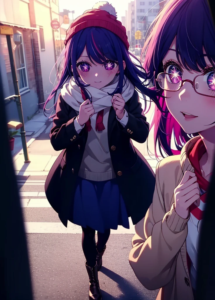aihoshino, Ai Hoshino, Long Hair, bangs, (Purple eyes:1.1), Purple Hair, (Symbol-shaped pupil:1.5), smile,smile,blush,Open your mouth,Knitted hat,Black-rimmed glasses,Purple long coat,V-neck sweater,Long skirt,Black pantyhose,short boots,Red muffler,It's snowing,Snow is falling,Walking,whole bodyがイラストに入るように, evening,sunset,The sun is setting,
break outdoors, Building district,
break looking at viewer, whole body,
break (masterpiece:1.2), Highest quality, High resolution, unity 8k wallpaper, (figure:0.8), (Beautiful attention to detail:1.6), Highly detailed face, Perfect lighting, Highly detailed CG, (Perfect hands, Perfect Anatomy),