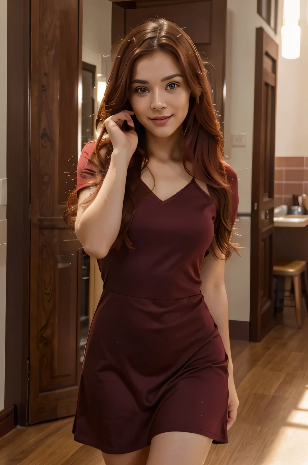 Create an image of a young girl of 28 with striking features: half of her hair is a vibrant shade of red, complementing her deep brown eyes. She's dressed casually in a comfortable maroon dress dress , exuding a sense of relaxed confidence with different poses in happy mood in different placeses.", highres, 8k, best quality, award winning