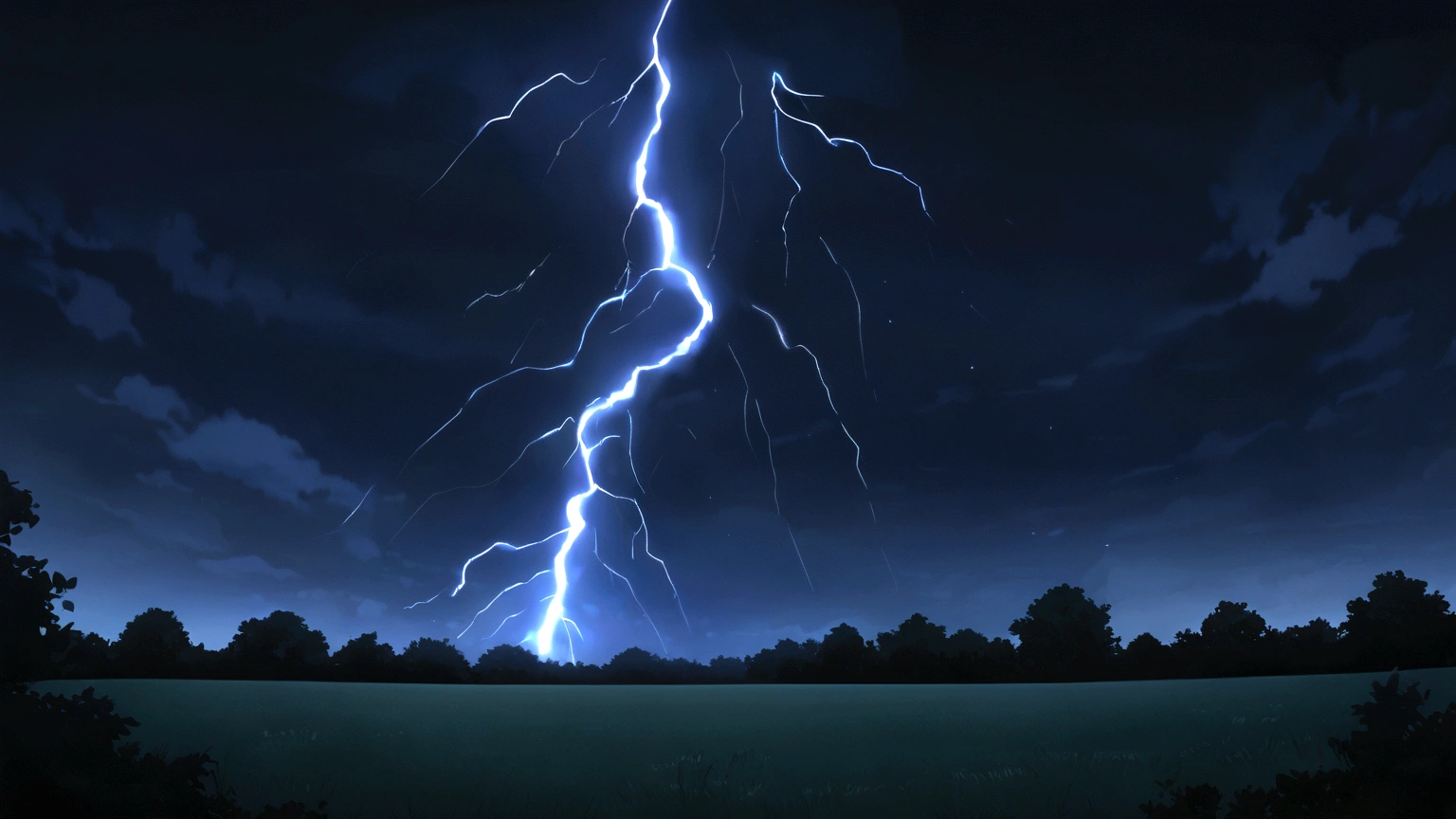 open sky, peaceful park, no people, anime style, very close lightning strike, dramatic, nighttime, bright light from lightning