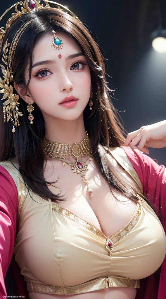 1girl, cute face,pretty face, jaw dropping beauty, Indian clothes, perfect beautiful eyes, ((ultra high detailed 1.9)),((ultra high resolution 1.9)),((ultra high quality 1.9)),(masterpiece)), (perfect lightings), (very Big breasts 1.9)), ultra huge breast, deep neckline sexy navel
