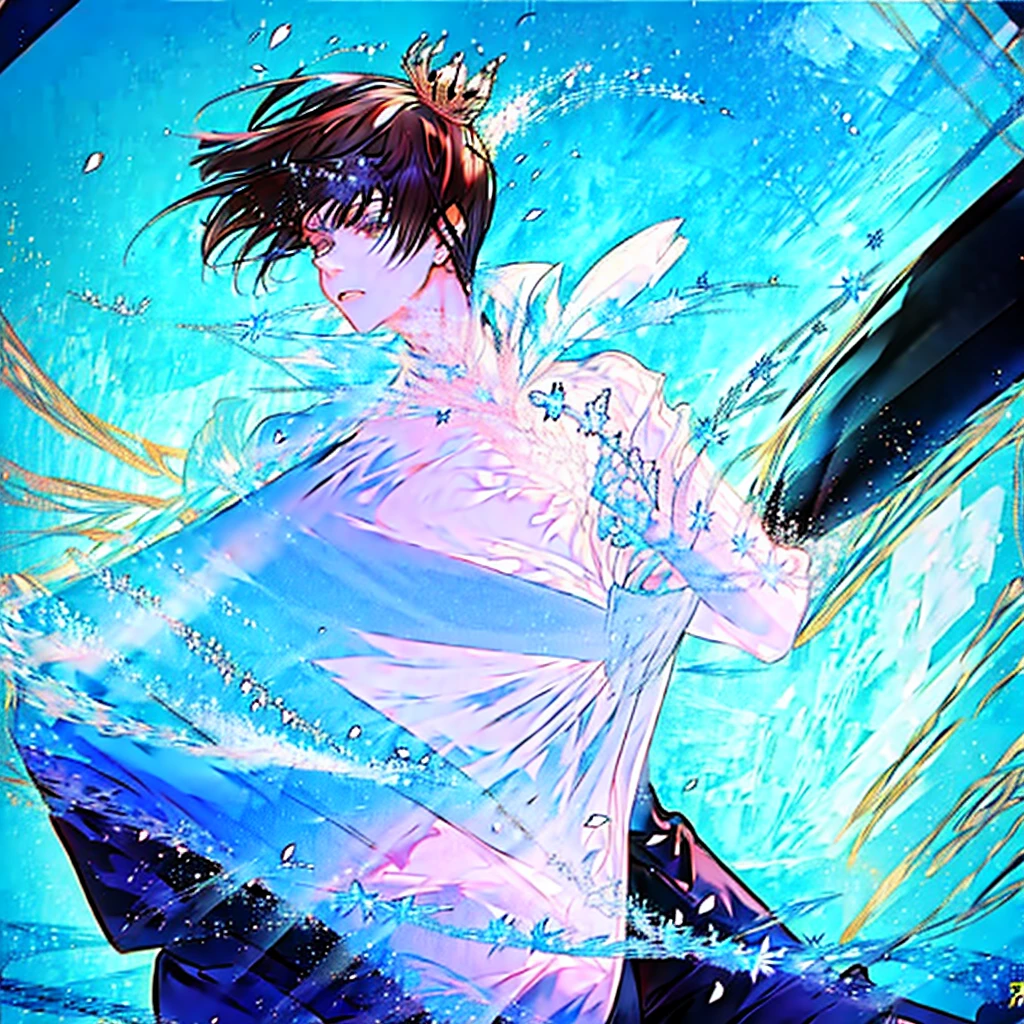 masterpiece , best quality , man , suit , White , ice , sword , anime , sky , glass , cool , king,
