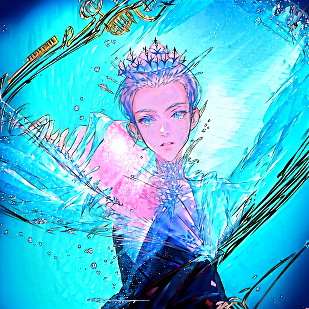 masterpiece , best quality , man , suit , White , ice , sword , anime , sky , glass , cool , king,