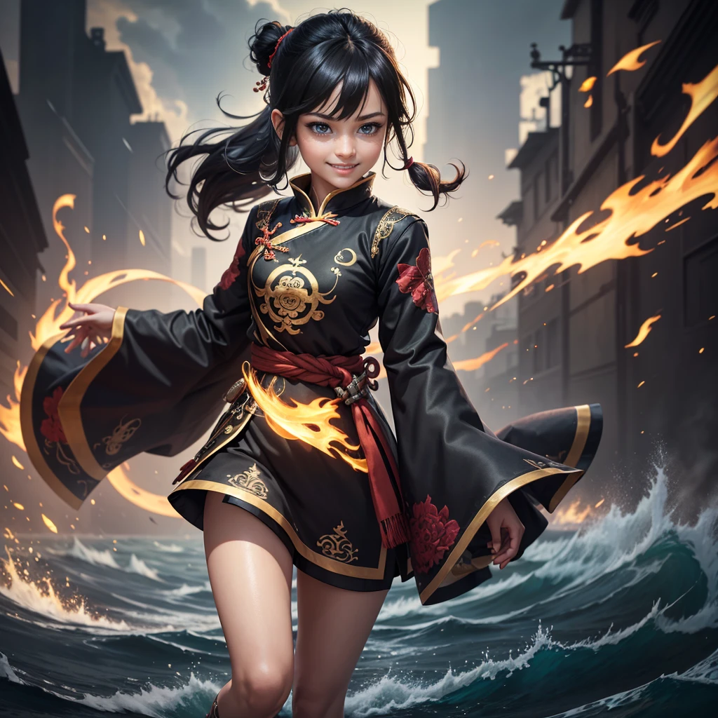 Highly detailed CG unit 8k wallpaper, masterpiece, High resolution, highest quality, highest quality real texture skin, Super Real, Digital Painting, Best image quality, 最High resolution, 8k, (((1 boy))), (Full Body Shot, low length, ), Tattoo, Round eyes, Big Eyes, chinese style embroidery, Chinese style decoration, black hair, Round eyes, evil grin, grin, smile, typhoon, Strong winds, Tunic, (pony tail),