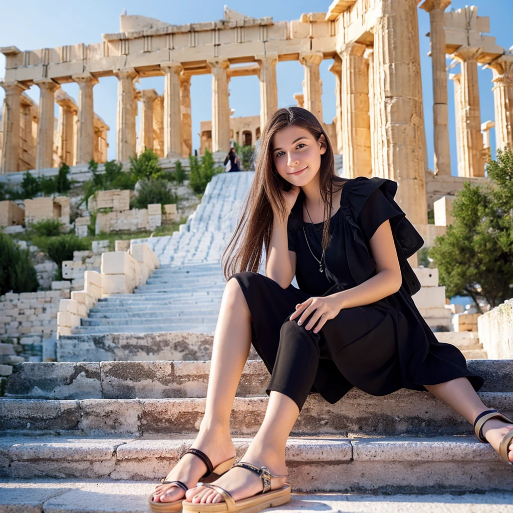 charming pale polish teen girl wearing black flip flops sits on the Acropolis