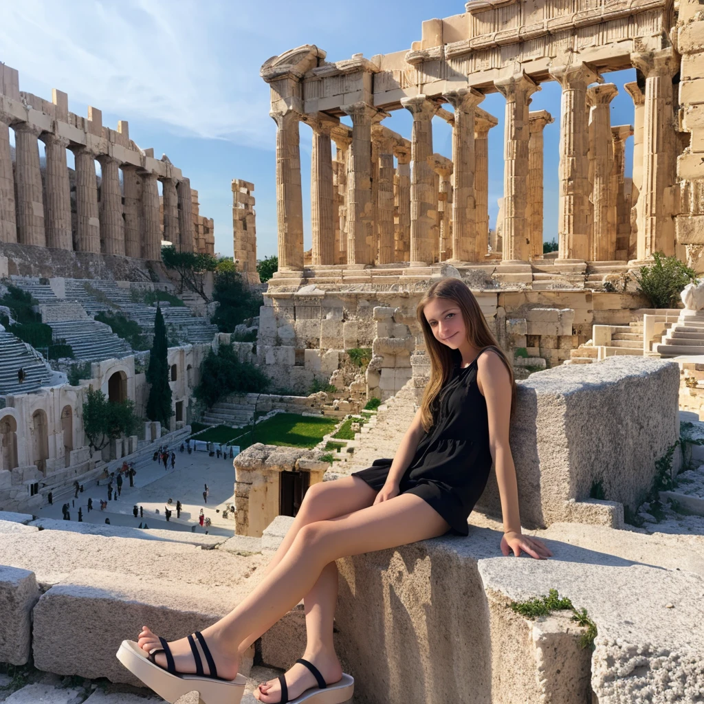 charming pale polish teen girl wearing black flip flops sits on the Acropolis 