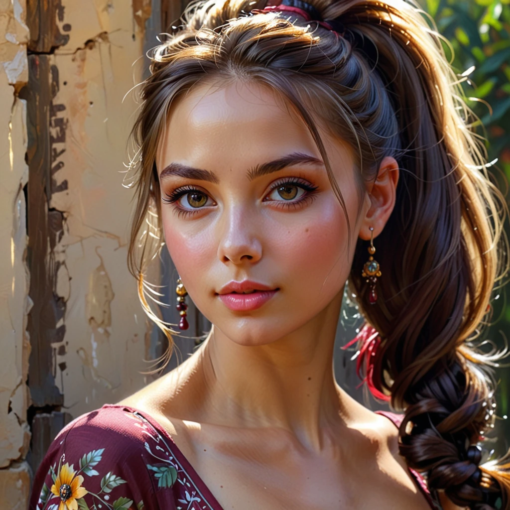 Konstantin Razumov's style, Vladislav Nagornov's drawing, wonderful girl, fantastic face, beautiful Italian, beautiful appearance, big eyes, super-long black eyelashes, detailed dress in burgundy and black, detailed hairstyle, ultrafocus shot, illuminated face, detailing faces, 8k resolution, drawing, dry brush, brush strokes, Razumov style and Garmash style Portrait of a wonderful woman, ponytail, soft smile, free spirit, bohemia, sun rays, detailed facial features, detailed eyes, digital art, perfect composition, beautiful, detailed, complex, insanely detailed rendering with an octane number, trending on artstation, artistic photography with a resolution of 8 kb, photorealistic concept art, soft natural volumetric cinematic light, chiaroscuro, award-winning photography, masterpiece, oil on canvas [prompt from ai artist Erisen]