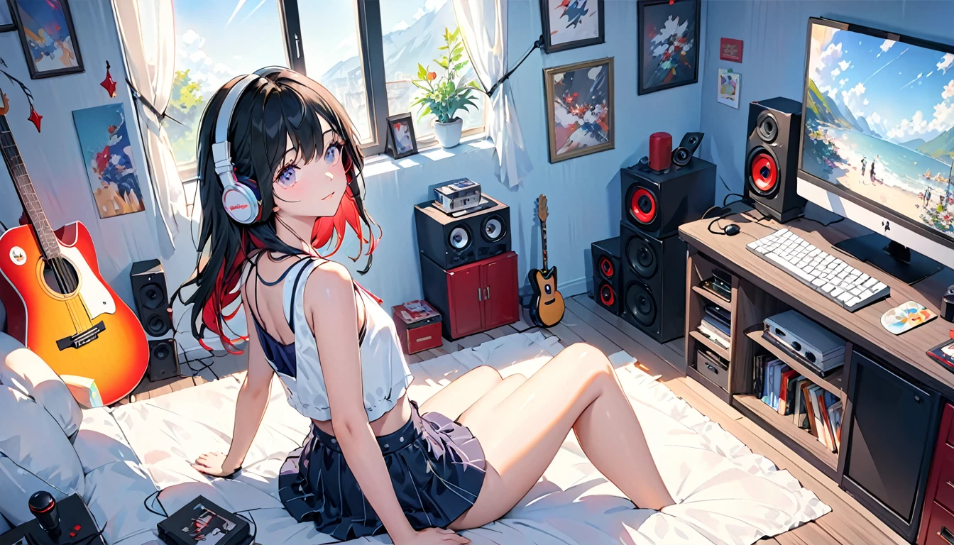 (Absurd:1.1, High resolution:1.1, 超detailed:1.1), 非常にdetailedな, 超detailed hair, (Fine grain:1.4), (Shining Eyes:1.3), thin, cute, Perfectly symmetrical face, narr○w waist, 超cute girl, 超cute face, 超cute, Super beautiful, Beautiful colors, merry (Yanmar gauge),From wlop,((Great quality)), (Beautiful legs), (Beautiful back), Black Hair, computer, Lower body rest (Beautiful colors,detailed,Highest quality,Great quality,so beautiful), guitar, Headphones, microphone, Tank top,  Jacket, Lighting and Shadows(perspective), Lighting particles, colorful, masterpiece, Very stylish room,