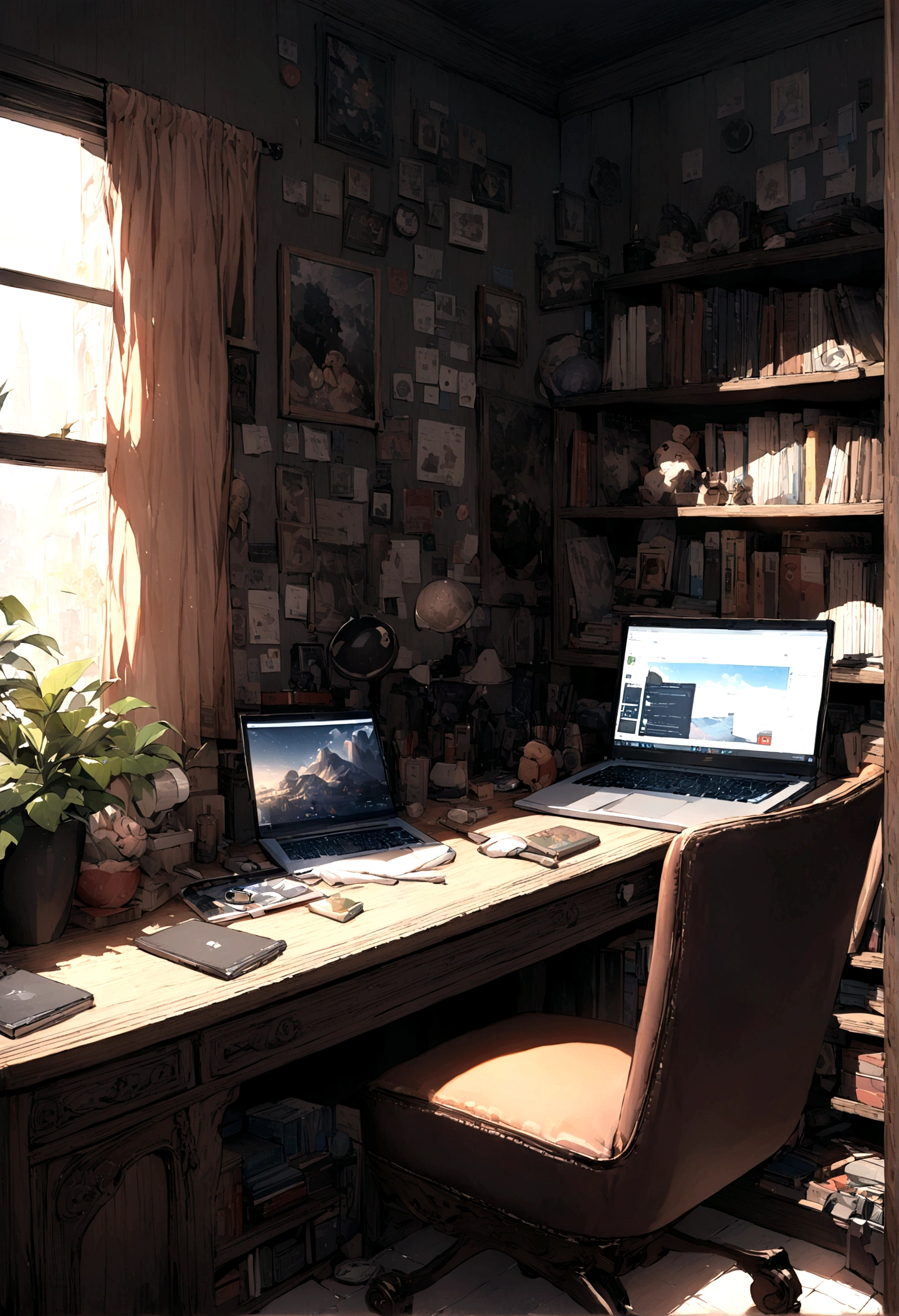 Chair，Dark Room，Laptop at desk，Dark Roomにパソコンの光，Masterpiece，Highest quality，One window