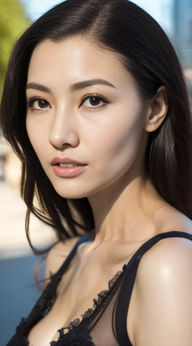 Fashion Model，Age 25，[[[[Cleavage close-up]]]], [[[[Boobgasm]]]], [[[[col]]]], [[[[bs shoulder]]]],Perfect Eyes, Perfect Iris，Perfect Lips，Perfect Teeth，Perfect Skin，White skin，High Dynamic Range，Movie Girl，(Delicate face)，(Very clear face)，Shooting in the city，Black lace bra，4K Ultra HD, Ultra-high resolution, (Realistically: 1.4), The best quality at its best，masterpiece,(From the thigh up)、