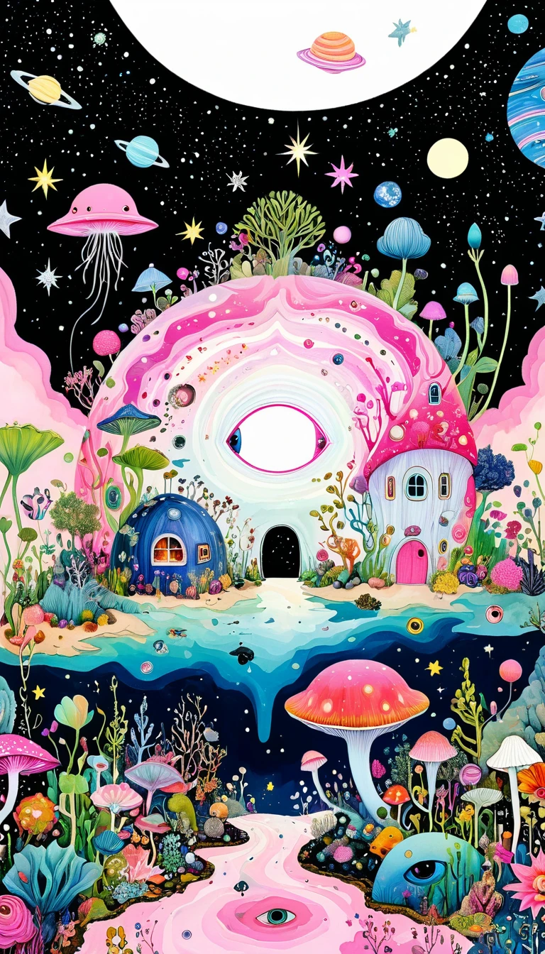 Psychedelic Art,Montage Art:Bud Cottage,microorganism、Small animals,plant、Marine life、Eye、Starry Sky,Stitching together an abstract painting,Describing the inner world of autistic people,Sense of space,White Space,interesting,Innocence,Pink theme