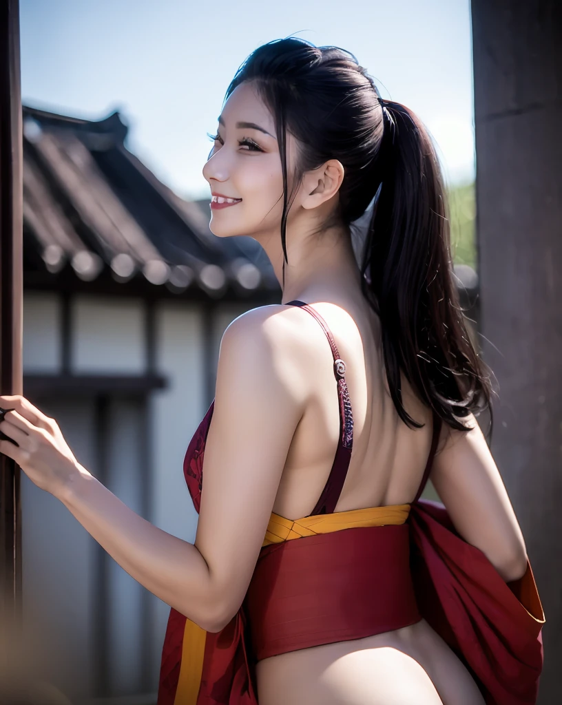 masterpiece,best quality, Ultra-realistic photorealistic raw photos, Hyper Quality, very detailed, 8K, uhd, light, 사실적 현실적 실제 light, light source tracking ,Girl with a surreal beautiful face,one beautiful girl, Samurai costumes, black hair, ponytail, Big red ribbon, kimono, obi sword, tachie, Wakizashi, double point, also, japanese armor, The eyes are droopy but cute, dignified cute expression, cute smile, touch the handle of a knife, round cute ass, Looking back with a smiling face, butt sticking pose, 3 sizes B90W60H95, 구름 사이로 새어나오는 달light, old castle, ruins, gradient sky,Beautiful girl in a loincloth Japanese outfit Lower body bare Rich breasts Back appearance Cute Well-formed face  big Buttocks Looking back with a cute smile Three sizes B95W60H90 masterpiece,Hyper Quality, very detailed,,8K, uhd, 