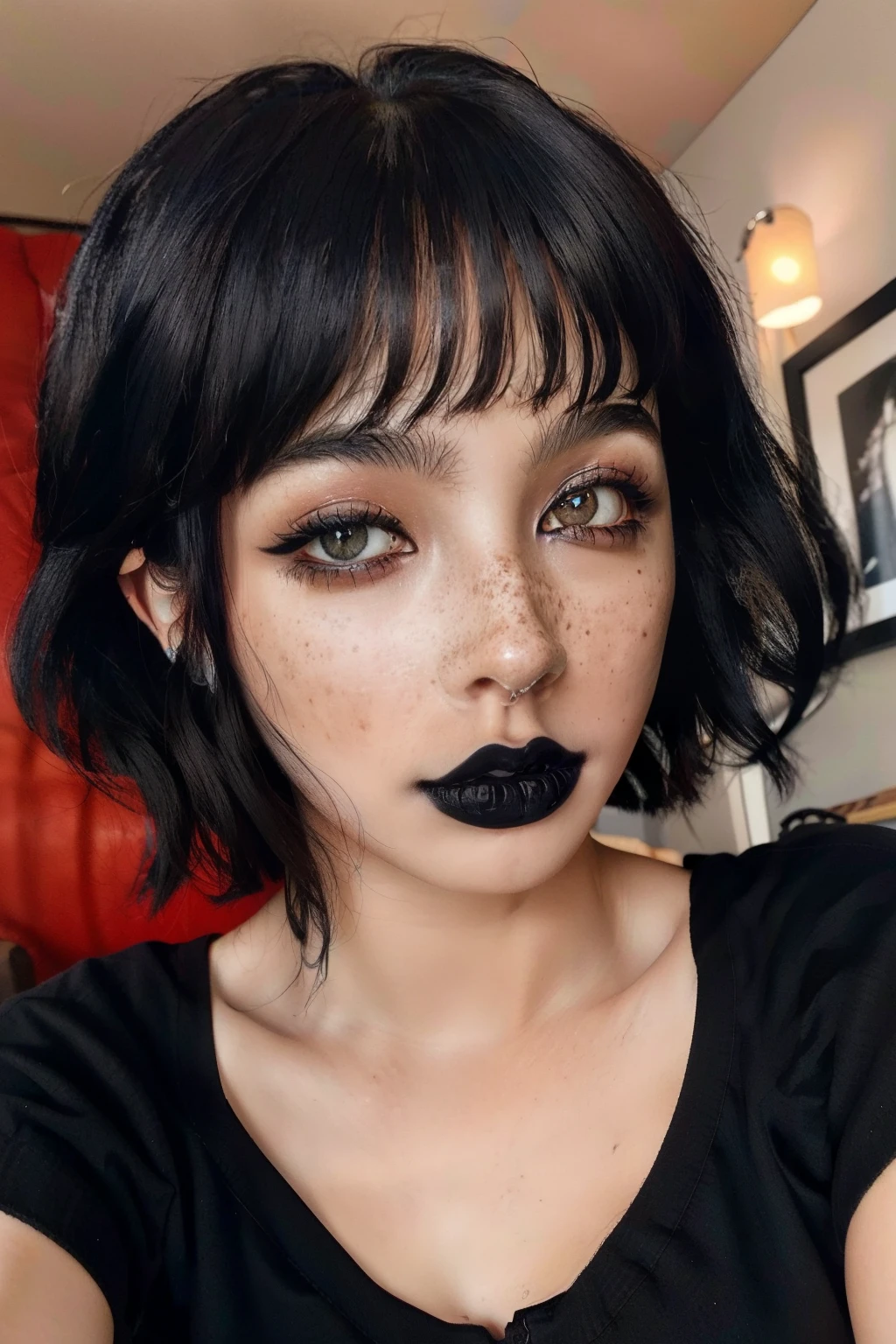 Fr3ckles, grey eyes, freckles, 1girl,  90sgrung3, makeup, black lips, skinny, black lipstick, black hair, short hair, microbangs, black shirt, big breasts, beautiful eyes, pale skin, living room