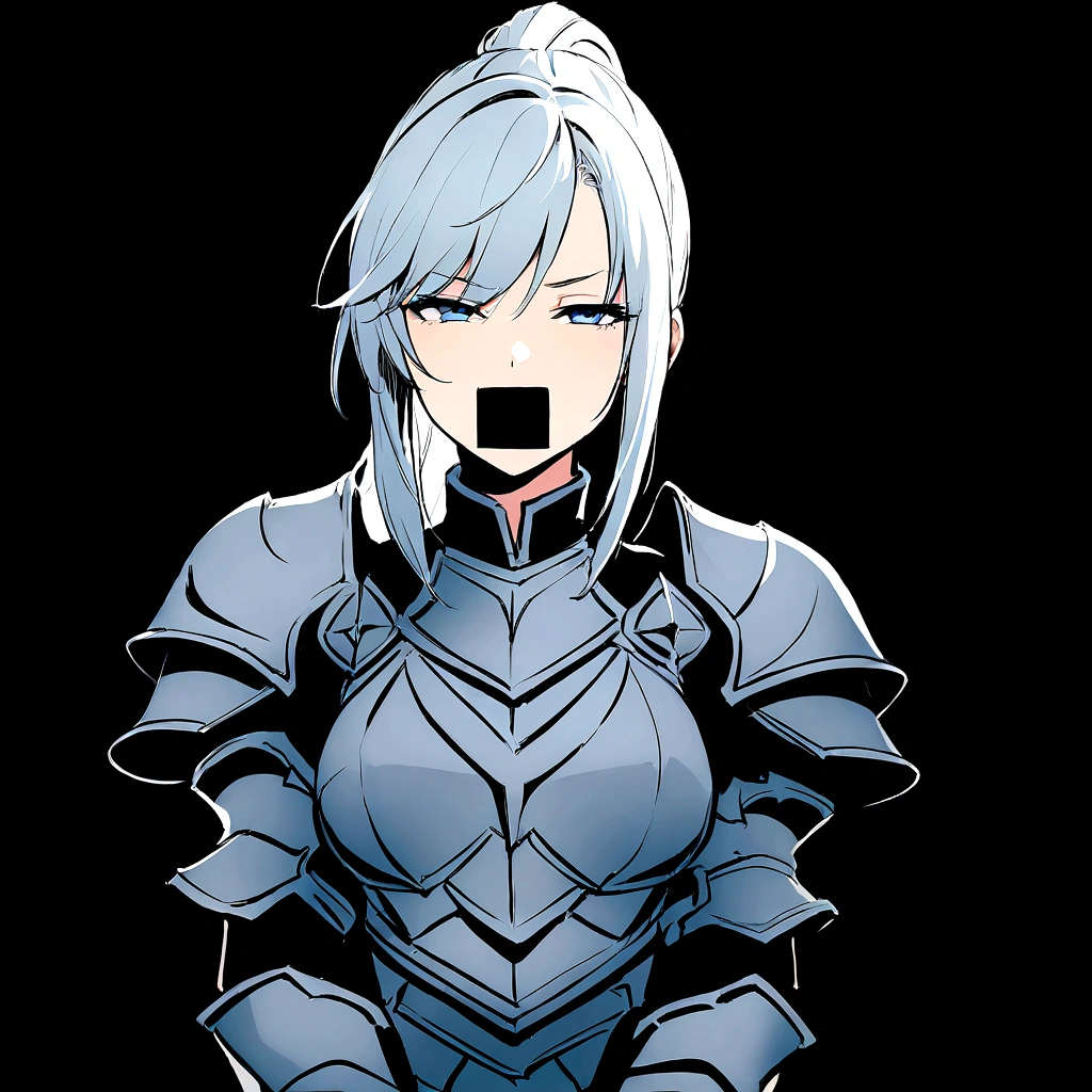 Beautiful girl knight in armor, Gray Hair, tsurime, fantastic, Face your body forward like a certificate photo, shoot from front, Ponytail, Armor Girl, beautiful female knight, Female Paladin, pale blue eyes, narrowed eyes squint, upper body shot, drawing both arms, keeping my mouth shut.