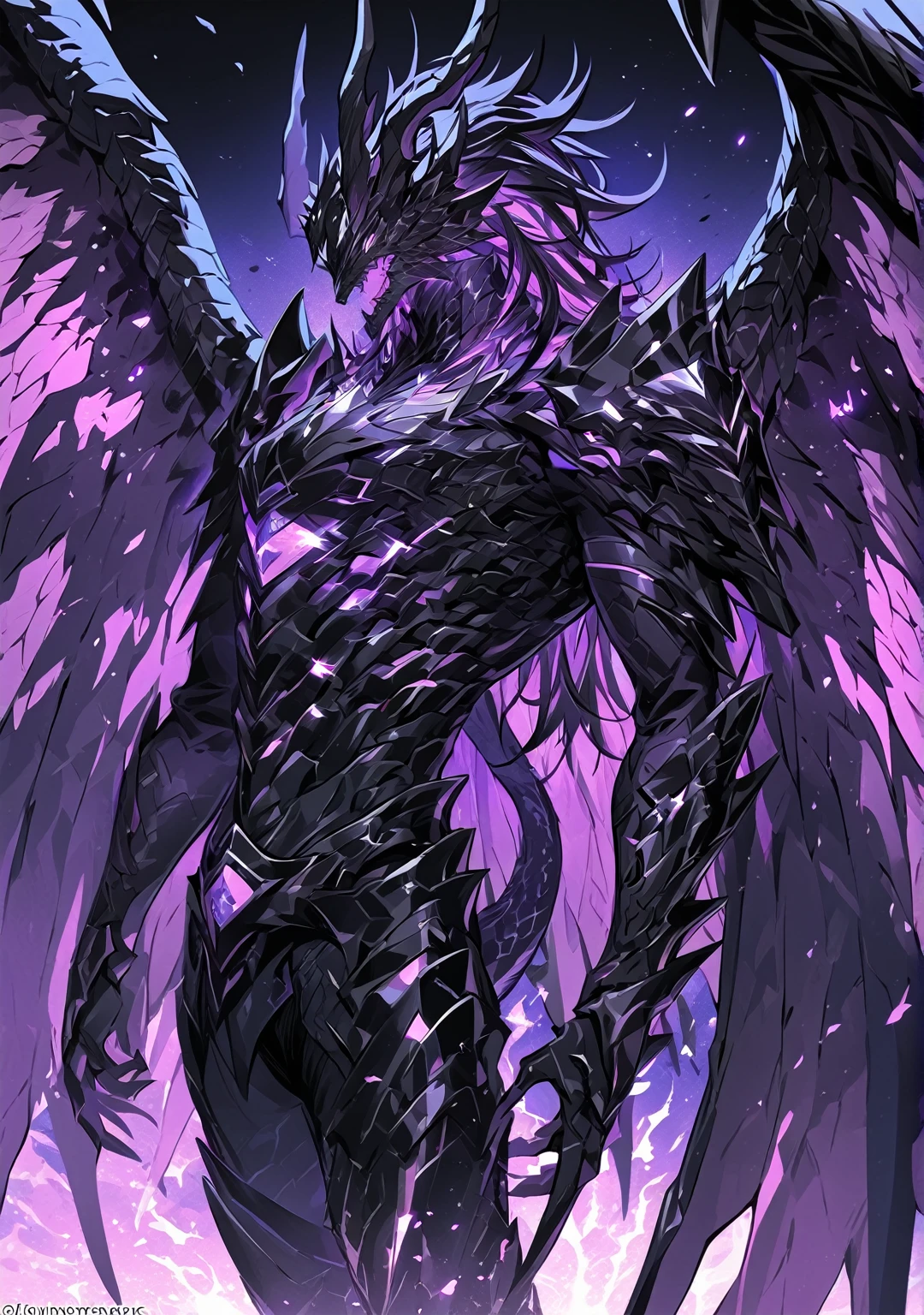 Masterpiece, Very detailed, ultra detailed, one, (1 man), man with a V-shaped body Large dragon horns, two large dragon wings, full detailed dark obsidian armor with light purple details that seemed like a purple fire. Long black hair combed back, and reptile eyes that shine crimson-purple. In the style of manhwa "Omniscient Reader's Viewpoint"