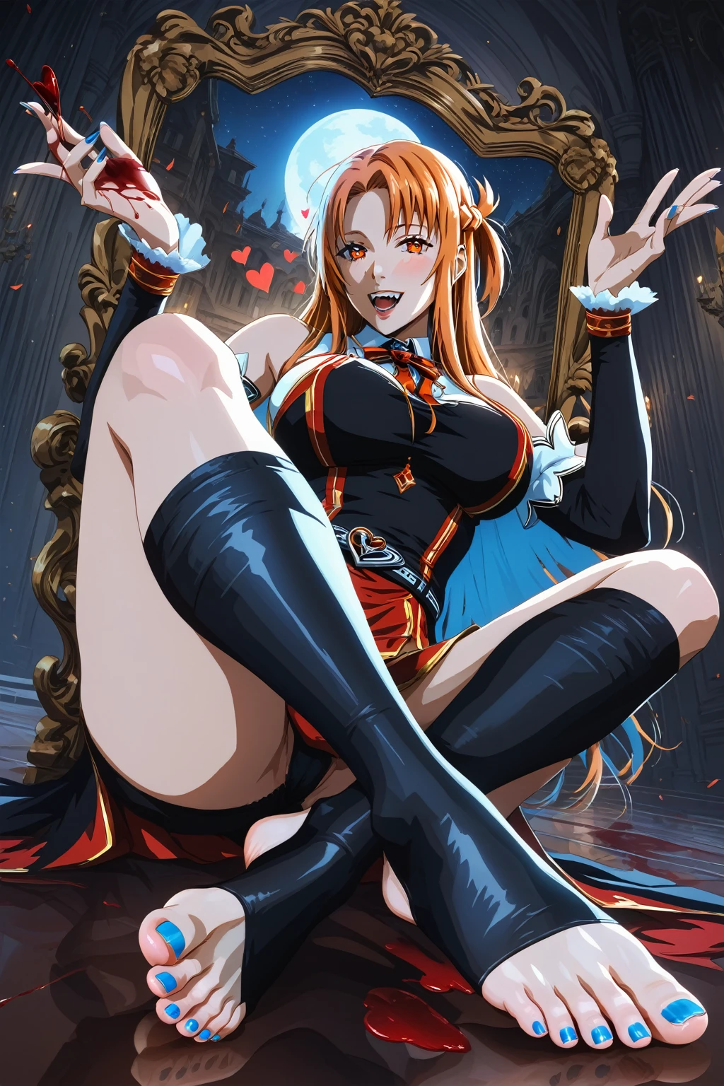 (harayutaka art style:0.7), score_9, score_8_up, score_7_up, score_6_up, asuna yuuki, orange hair, long hair, fold, orange eyes, BREAK (masterpiece:1.2), best quality, high resolution, (detailed eyes:1.3), perfect lighting, (perfect hands, perfect anatomy), hearts, pleasured, large breasts, sagging breast, 1girl, teeth, toes, vampire, toenails, toeless legwear, feet, fingernails, solo, sitting, breasts, fingernails, legs, stirrup legwear, no shoes, wrist cuffs, blood on ground, open mouth, looking at viewer, nail polish,foot focus, smile, full body, knees, soles, detached sleeves, knees up, toenail polish, blue nails, white nails, on ground, black belt, thighs, black nails, spread toes