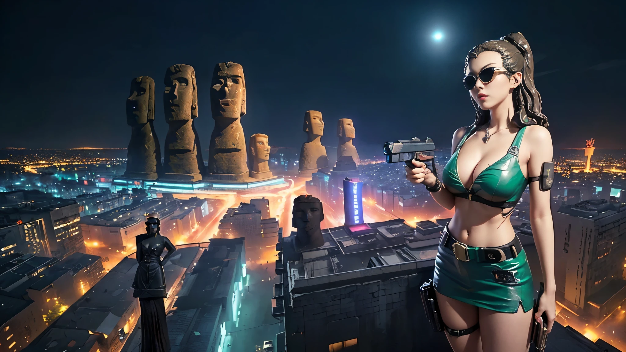 At night, dark sky, aerial view of fantasy cyberpunk style ((Moai-statue)) city, ((flying vehicle)). ((1girl, solo, alone)), photo realistic, medium-breast:1.1 slim body, cleavage, sexy clothes, (black sunglasses), (((hip-up standing and pistol aiming pose))), half-body thigh level medium shot, cinematic lighting.