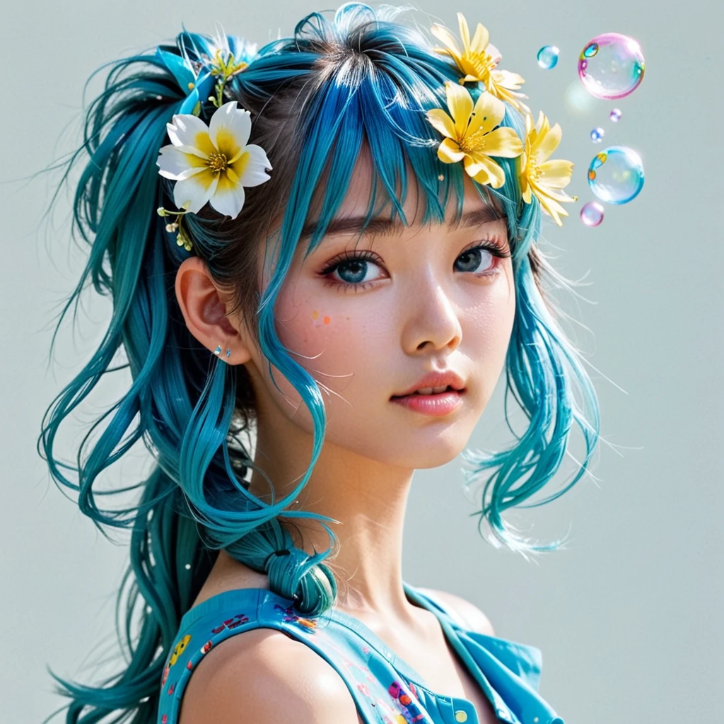 (​masterpiece), (best quality), (extremely detail),(tousled hair),(Illustration), (1 girl), (fashionable clothes), Stand, Fashion model, Viewers look at, (Interview), (simple backround),lovely, detailled eyes, Delicate beautiful face, floating,(high saturation),(colorful splashes),Colorful bubble,(Shining), Focus on face,  pony tail, kamisato ayaka, light blue hair, bangs, Haarring, floating flowers, floatinge Haare, (Shining), Best Lighting, Best Shadow,