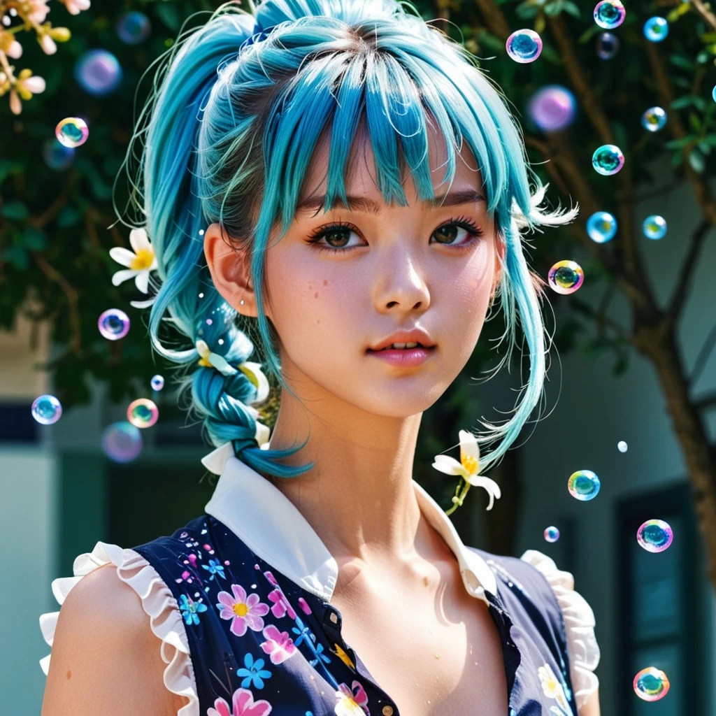 (masterpiece), (best quality), (extremely detail),(tousled hair),(Illustration), (1 girl), (fashionable clothes), Stand, Fashion model, Viewers look at, (Interview), (simple backround),lovely, detailled eyes, Delicate beautiful face, floating,(high saturation),(colorful splashes),Colorful bubble,(Shining), Focus on face, pony tail, kamisato ayaka, light blue hair, bangs, Haarring, floating flowers, floatinge Haare, (Shining), Best Lighting, Best Shadow,