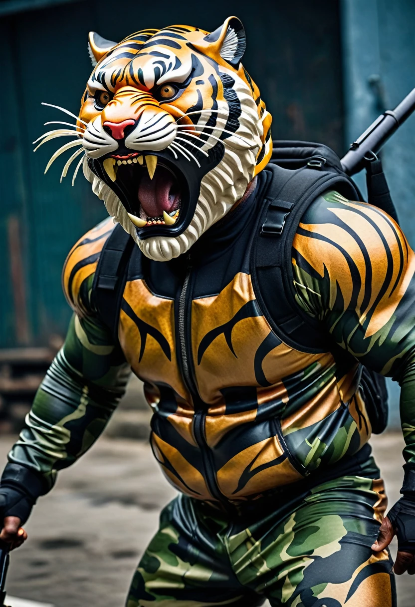 (a dark-skinned bearded muscular fat old man in a bulky camouflage zipper diver suit) carrying a rifle and (wearing proportionate realistic roaring tiger mask that show the wearer eyes), muscular, Bruce Onobrakpeya, sumatraism, stanley artgermm, muscular physique, imposing stature,  action, heroic, fierce, snarling, best quality