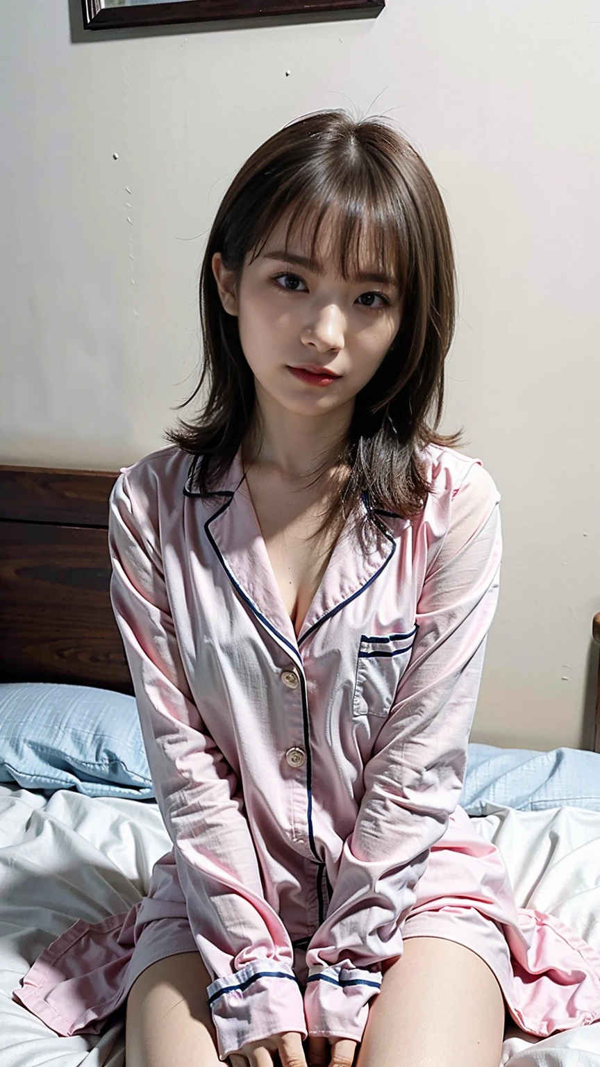 (8K、RAW Photos、Highest quality、masterpiece:1.2)、(Highest quality、Realistic)、1 Girl、((Frills、Bedroom、pajamas、pink、View from the front、Looking into the camera、Sit on the bed))、cute
