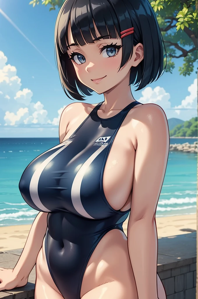 (masterpiece, official art), 1girl, solo, thick, curvy, curvaceous, black hair, grey eyes, short bob, hair clip, kirigaya suguha, (dark blue competitive swimsuit), (full closed swimsuit),(one piece swimsuit), (closeup), portrait, (huge breasts), standing, view from front, countryside, sunlight, looking at viewer, (upper body), smile, seductive, alluring attire, open shoulders