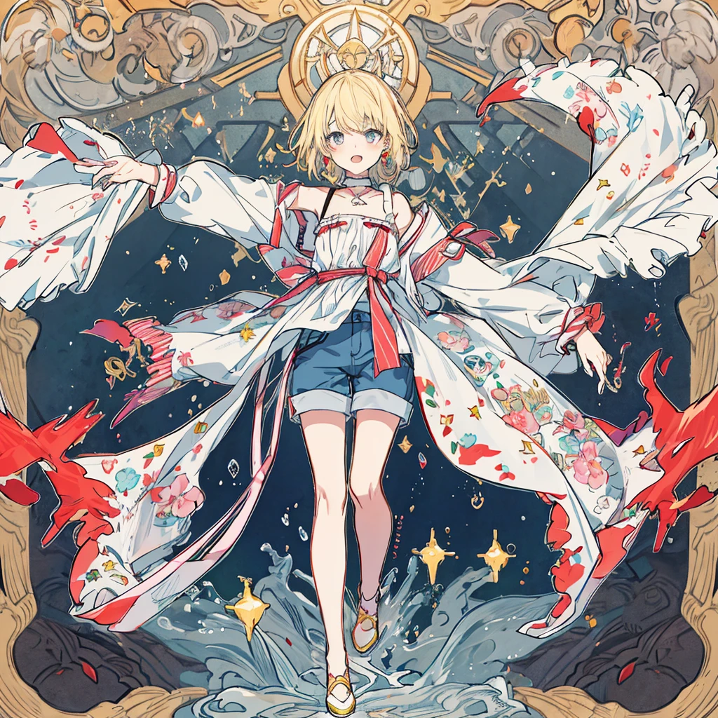 short cute male, very pale skin, beautiful eyes, perfect hands, heterochromia, one eye is red one eye is pink, long legs, narrow waist, perspective, short chin-length blonde hair with dyed pink tips, perfect hands, crossed bangs, vivid colors, best quality, high quality, short messy wavy hair, casual wear, overalls, loose sleeves, pale blue jean shorts, striped knee high socks, earring on left ear, fangs, :3, smug, CG image, splash art, high detail
