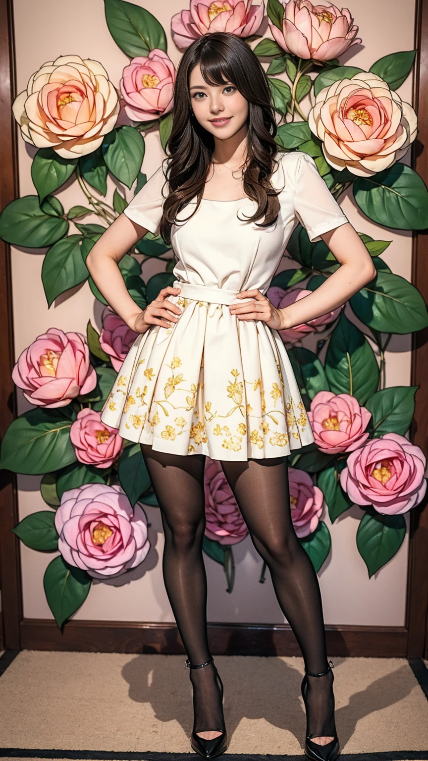 ((masterpiece)),(((Highest quality))),Thin thighs,Long legs,whole body:1.5，(One Girl:1.3),(Black pantyhose and thick pointy heels：1.3),(Wearing a mini mini flare skirt dress with floral or ornamental plant patterns:1.2),Short Blonde:1.2、Model pose，high waist:1.5、Stand with your feet apart:1.5，Striking a cute pose with hands on hips:1.5，The best smile:1.5、Bright expression：1.5、